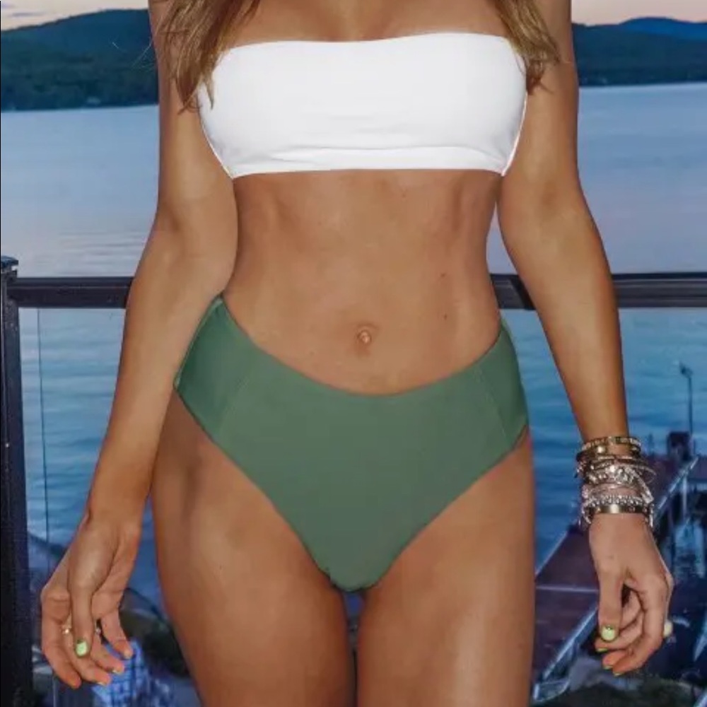Zaful bikini set strapless bandeau (wht) top with high waist bottom (army green)